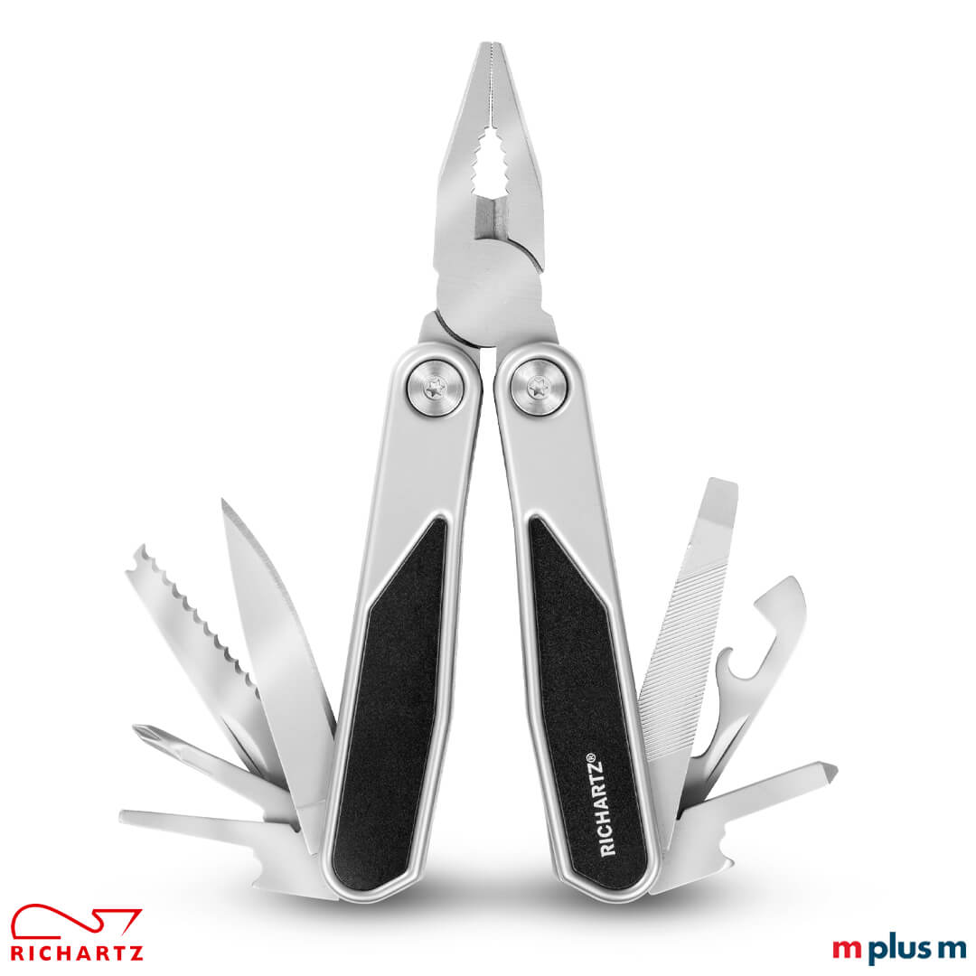 Richartz ProTool 20+ Multitool ausgeklappt mit verschiedenen Gadgets im Alltag, auf Reisen und unterwegs