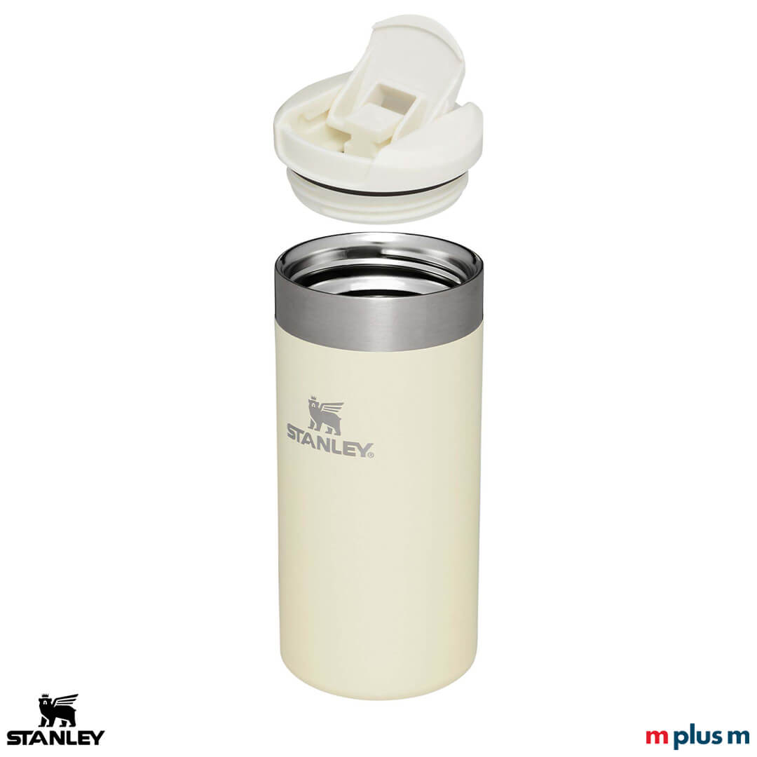 Cremefarbener Stanley Thermobecher 350 ml mit Deckel und Vakuumisolierung, nachhaltiger To Go Becher hochwertig mit Logo bedrucken