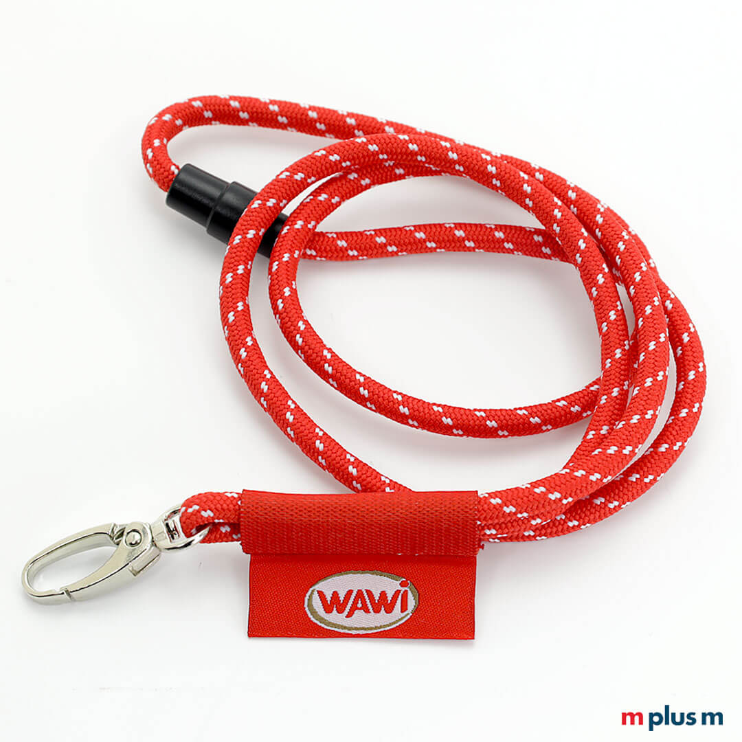 Rotes Kordel Schlüsselband mit Logo auf Textl-Fähnchen als Werbeartikel
