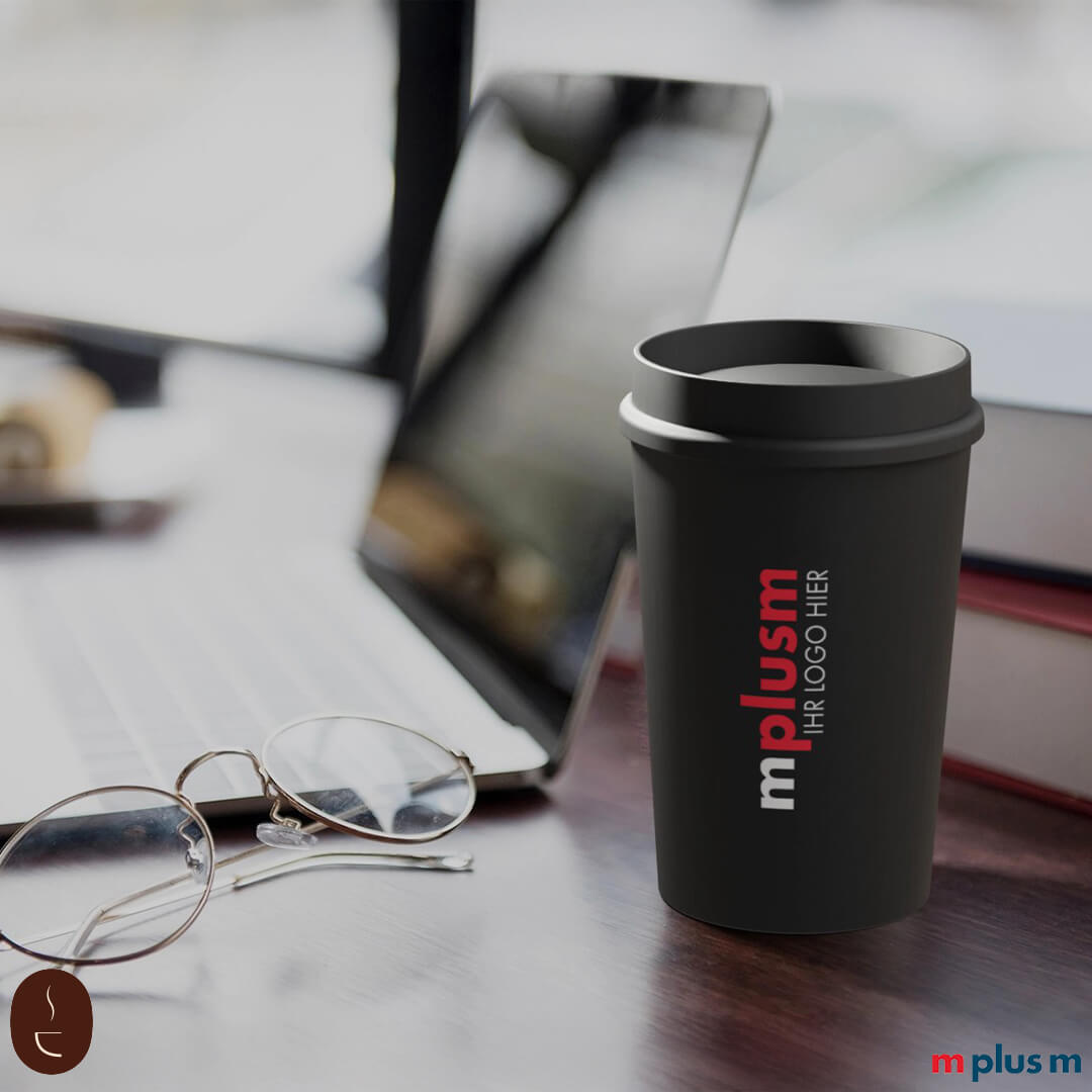 300 ml schwarzer PP-Kaffeebecher mit stabilem Deckel, mikrowellengeeignet und ideal für Logos als Werbegeschenk