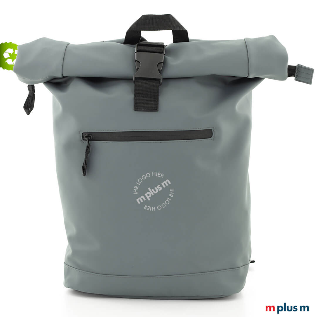 Schöner günstiger Laptop Rucksack aus wasserfestem Recycling Material in blaugrau mit Logo Druck