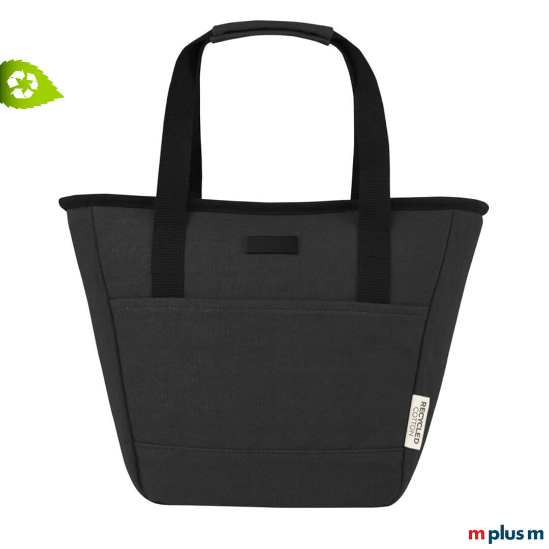 Hochwertige schwarze Kühltasche aus Recycling Canvas mit Logo Druck als Werbeartikel