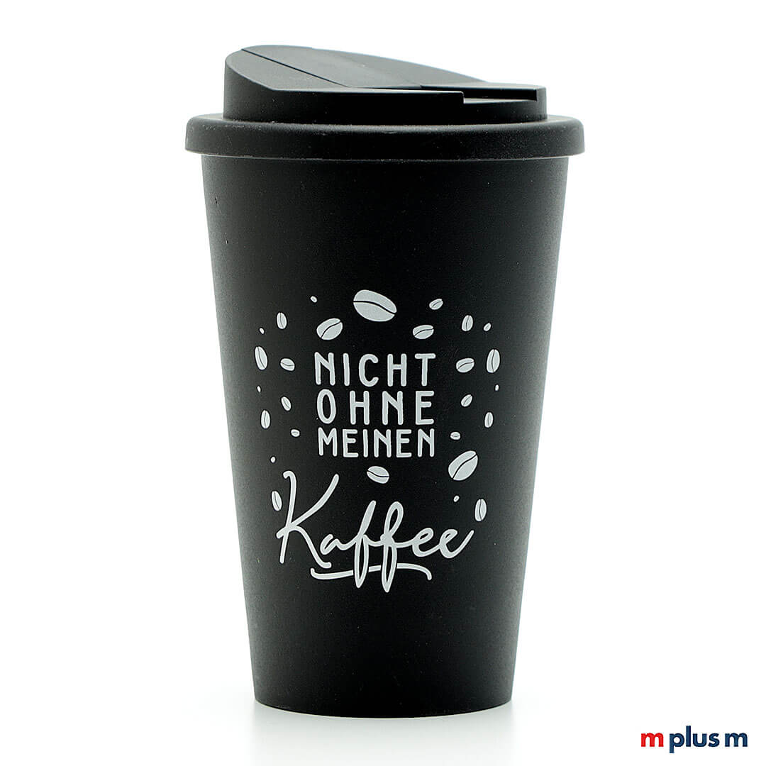 Schwarzer Classic Coffee Shop Becher aus PP, bruchfest und recycelbar, nachhaltiger Werbeartikel mit Logo Druck personalisieren