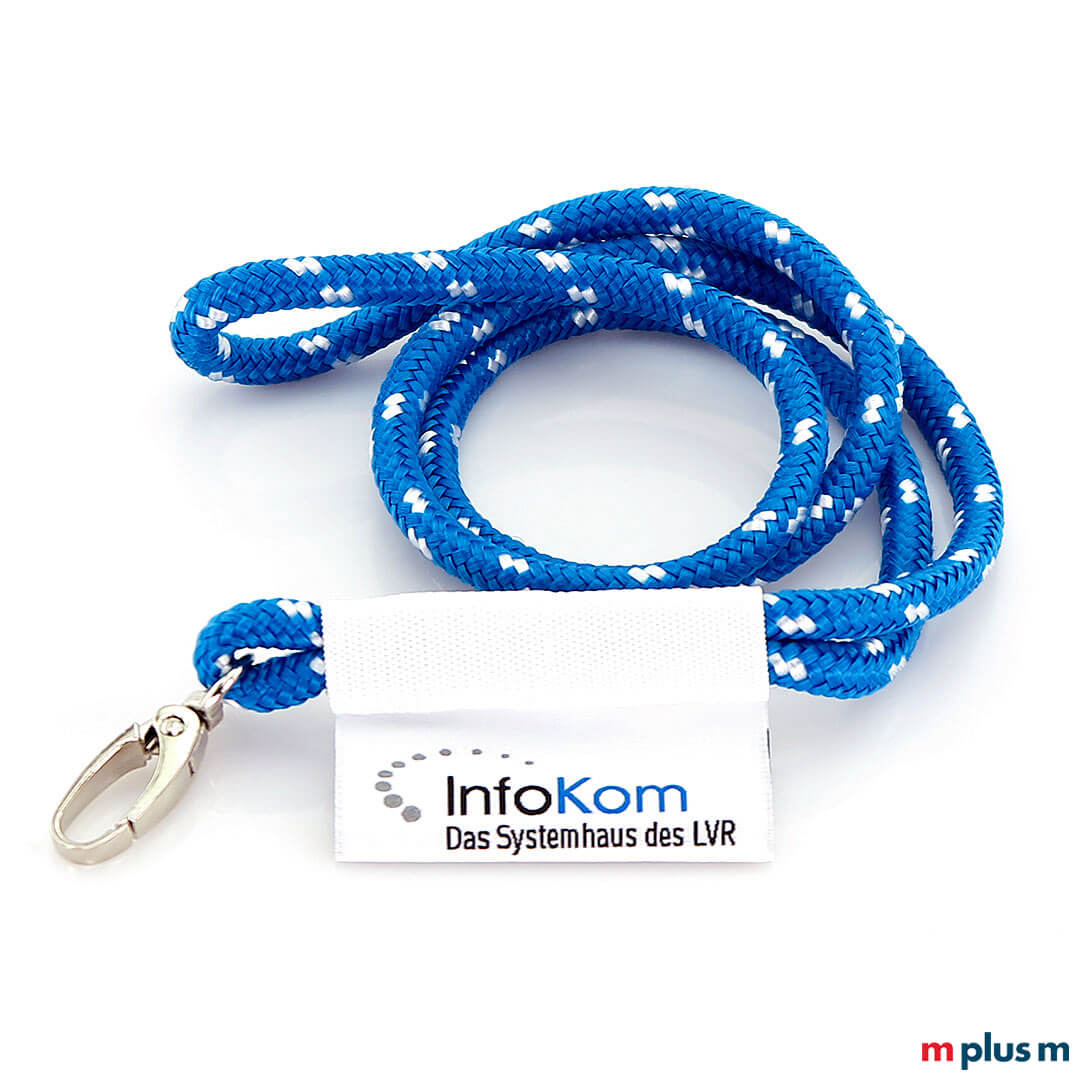 Paracord Kordel Lanyard in Blau mit gewebtem Logo Etikett als Werbeartikel