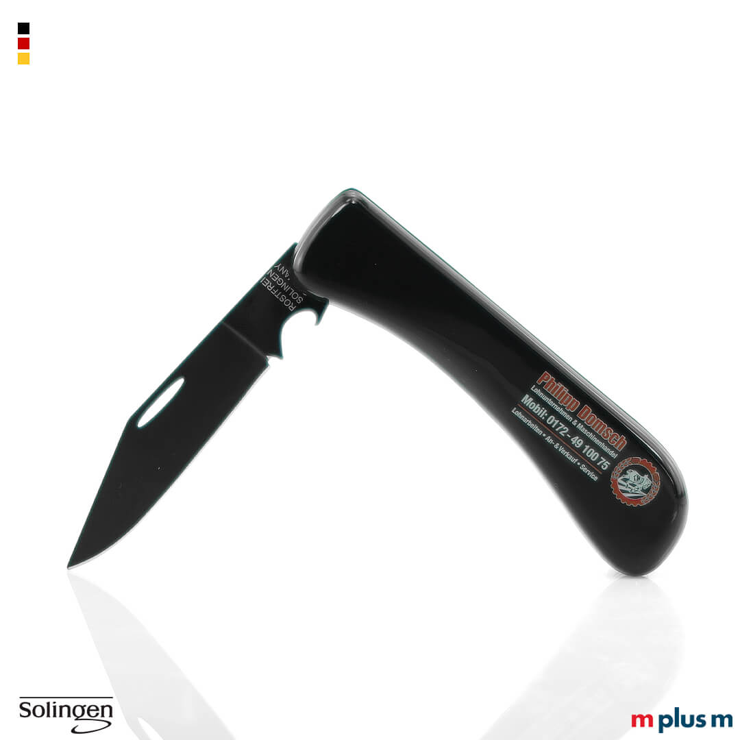 Solinger Taschenmesser mit glanzenden schwarzen Schalen, KLinge mit Kaspelheber und Teflonbeschichtung und 2 farbigem Logo Druck