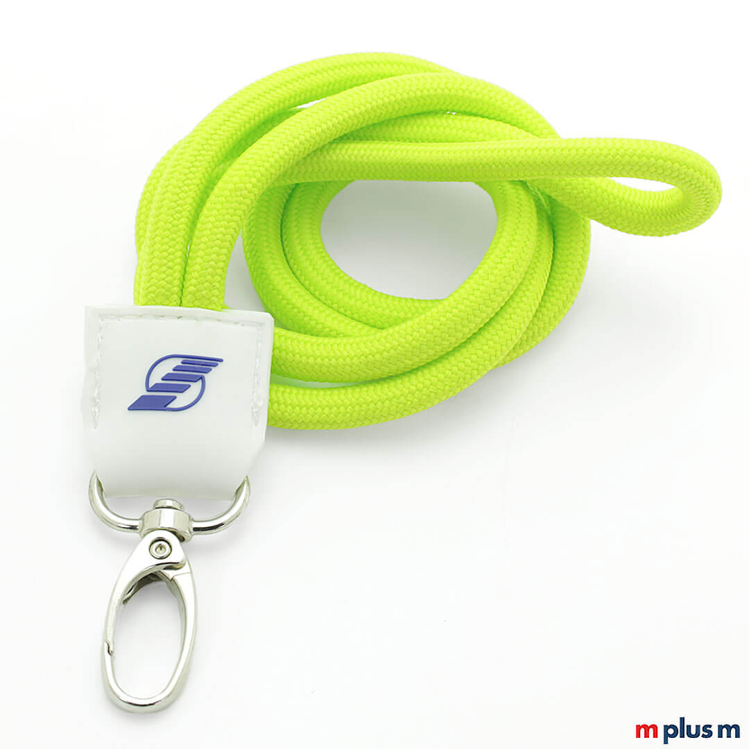 Kordel Schlüsselband in Neon Gelb mit Logo Druck auf Gummi Label