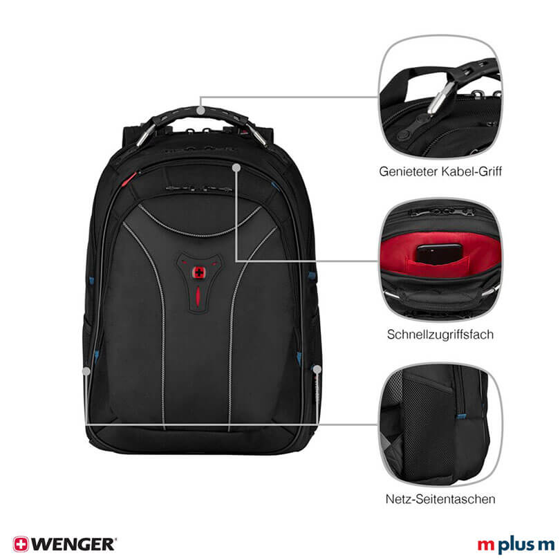 Wenger Carbon Rucksack schwarz mit großem Hauptfach und Innenfach für Accessoires, vielseitiger Businessrucksack hochwertig mit Logo Druck personalisieren