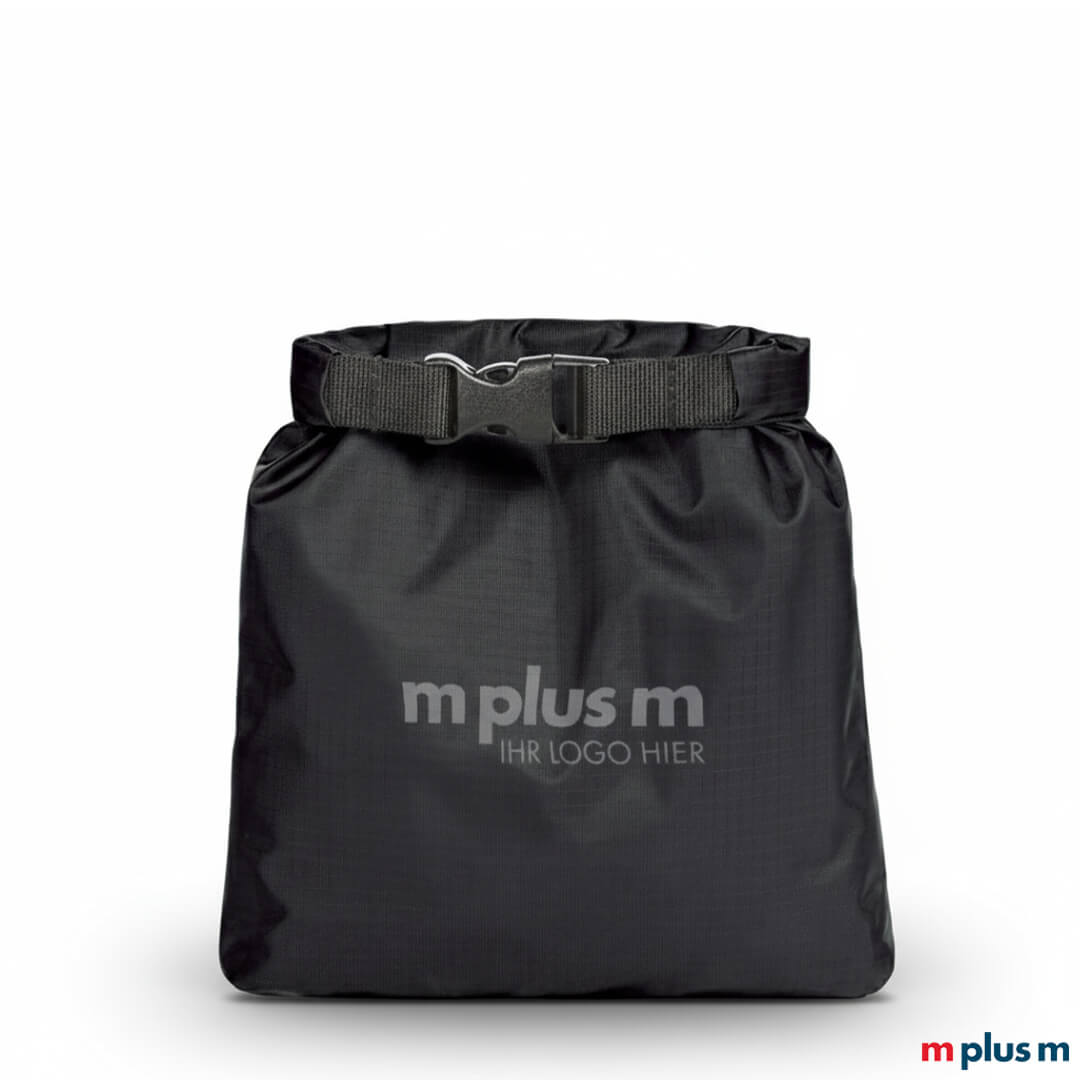 Schwarzer Drybag Safe 1,4 l mit Wickelverschluss und geschweißten Nähten, wasserabweisender Packsack aus Polyester hochwertig mit Logo bedrucken