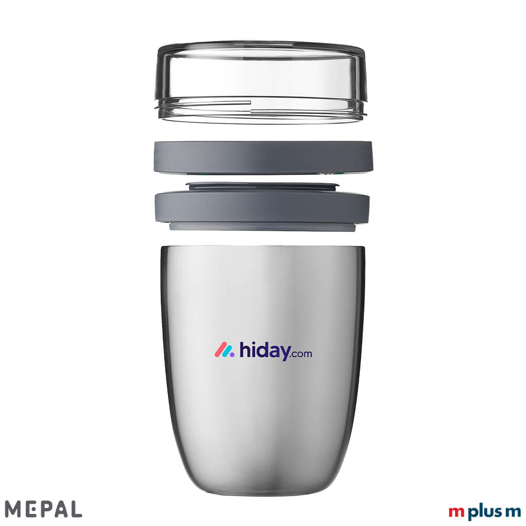 Isolierter Lunchbecher von Mepal in gebürstetem Edelstahl – mit zwei getrennten Kammern für frische Zutaten wie Joghurt und Granola