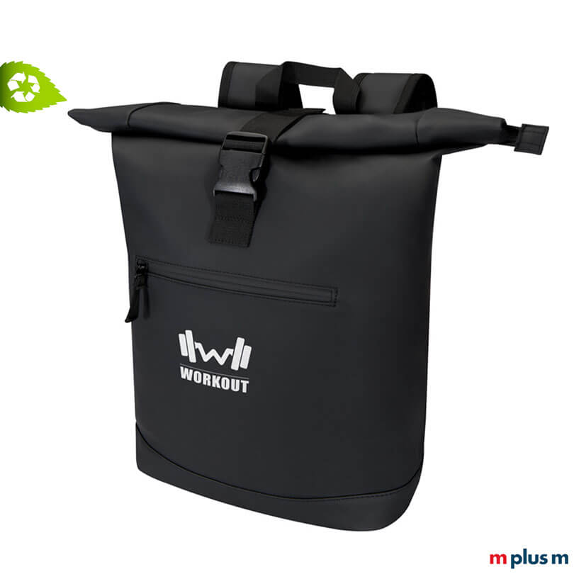 AquaPack Rolltop Laptop-Rucksack aus wasserabweisendem recycling PU-Kunststoff schwarz mit Logodruck