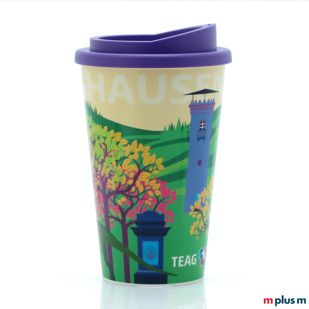 Allover Coffee Shop Thermobecher aus Polypropylen mit doppelwandiger Isolierung und rundum bedruckbarer Fläche, hochwertig mit Logo personalisiert