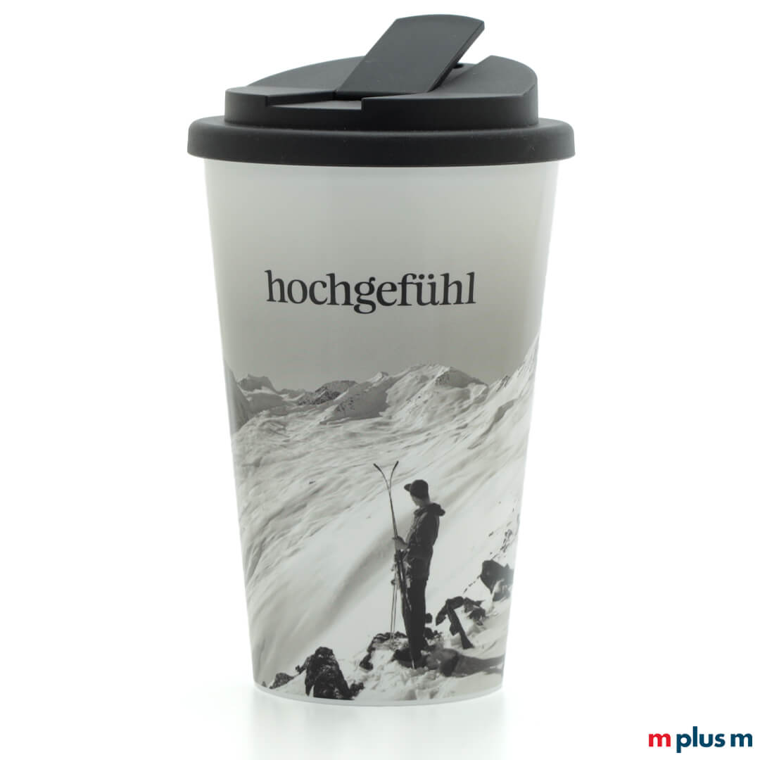Nachhaltiger Allover Coffee Shop Thermobecher aus Europa mit 350 ml Volumen, BPA-frei und bruchfest mit großflächigem Logo bedrucken