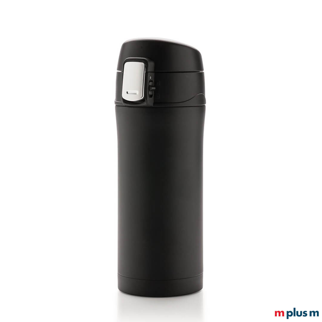 Schwarzer Recycling Coffee To Go Thermobecher als Werbeartikel. Auslaufsicher.