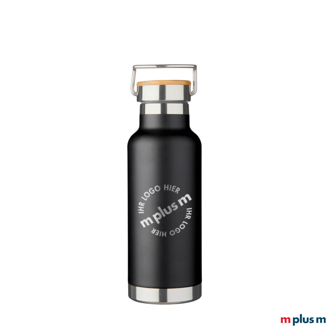Schwarze Thermosflasche mit Logo bedruckt