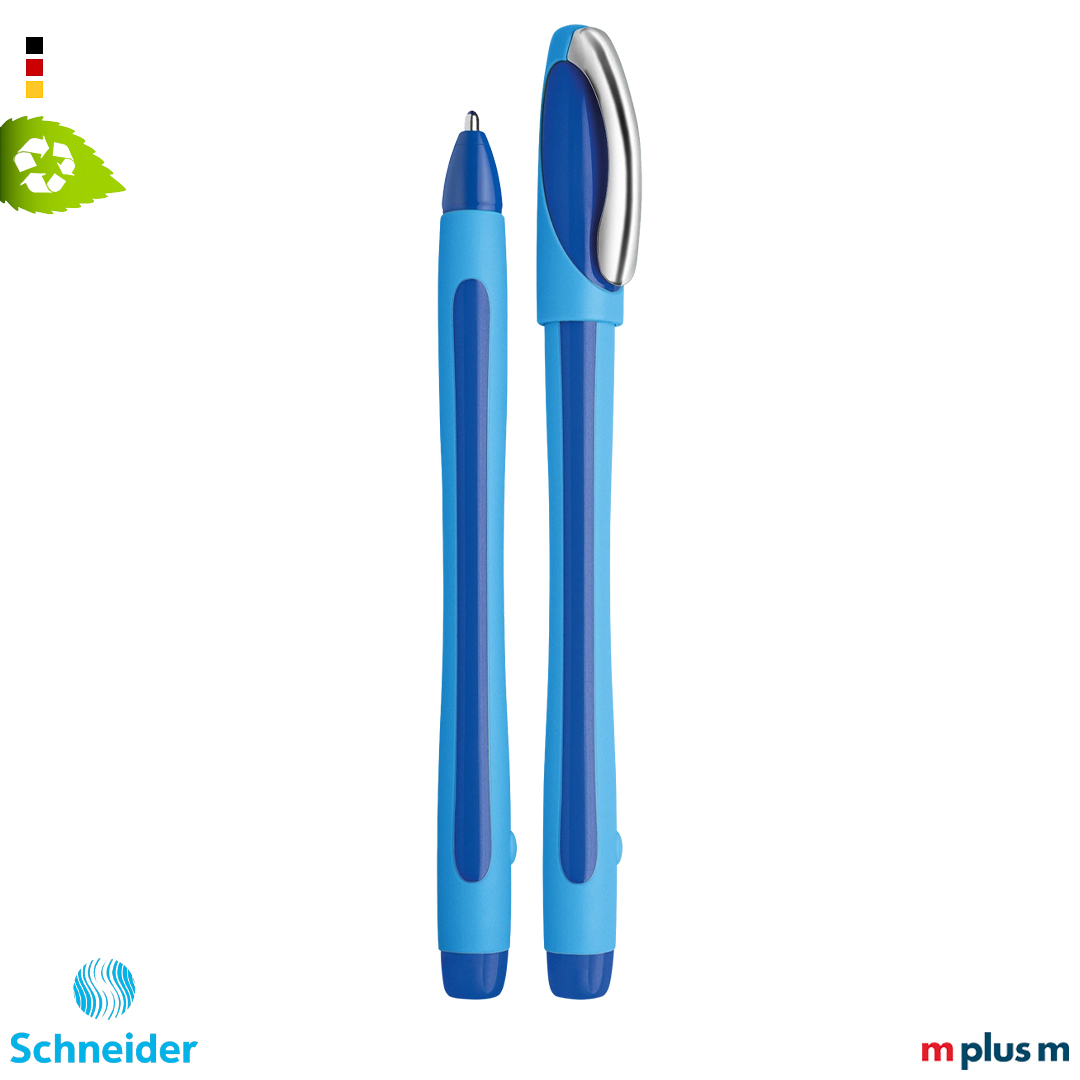 Ergonomischer Kugelschreiber blau Schneider Memo XB mit gummierter Oberfläche und umsteckbarer Kappe, modern und praktisch mit Logo Druck personalisieren