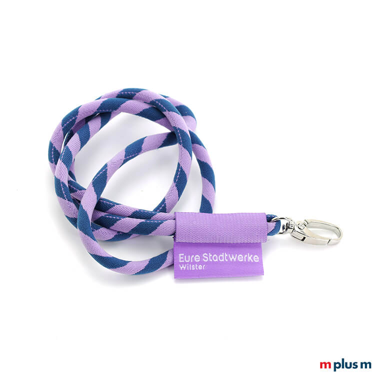 Zweifarbig gewebtes Schlüsselband in Tube Webung mit Logo auf Textil Etikett