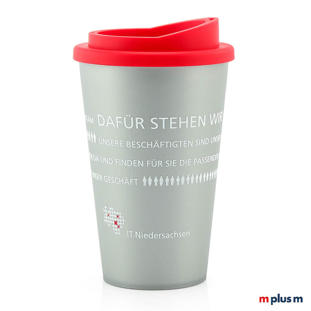 Classic Coffee Shop Becher silber aus BPA-freiem PP, stabil und recycelbar, nachhaltiger Mehrwegbecher mit Logo Druck personalisieren