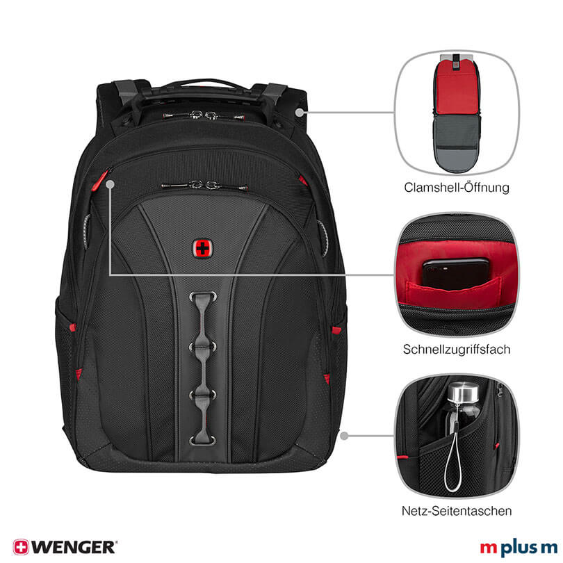 Schwarzer Wenger Legacy Businessrucksack mit robustem Boden und Trageschlaufe für Rollkoffer, funktionaler Laptoprucksack hochwertig mit Logo bedrucken