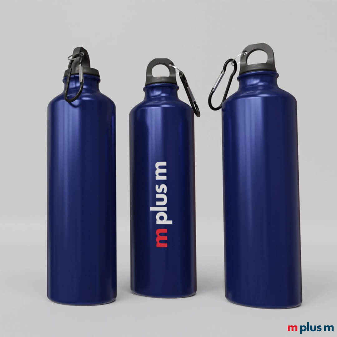 Basel Wasserflasche in der Farbe Blau bedruckt mit Beispieldruck