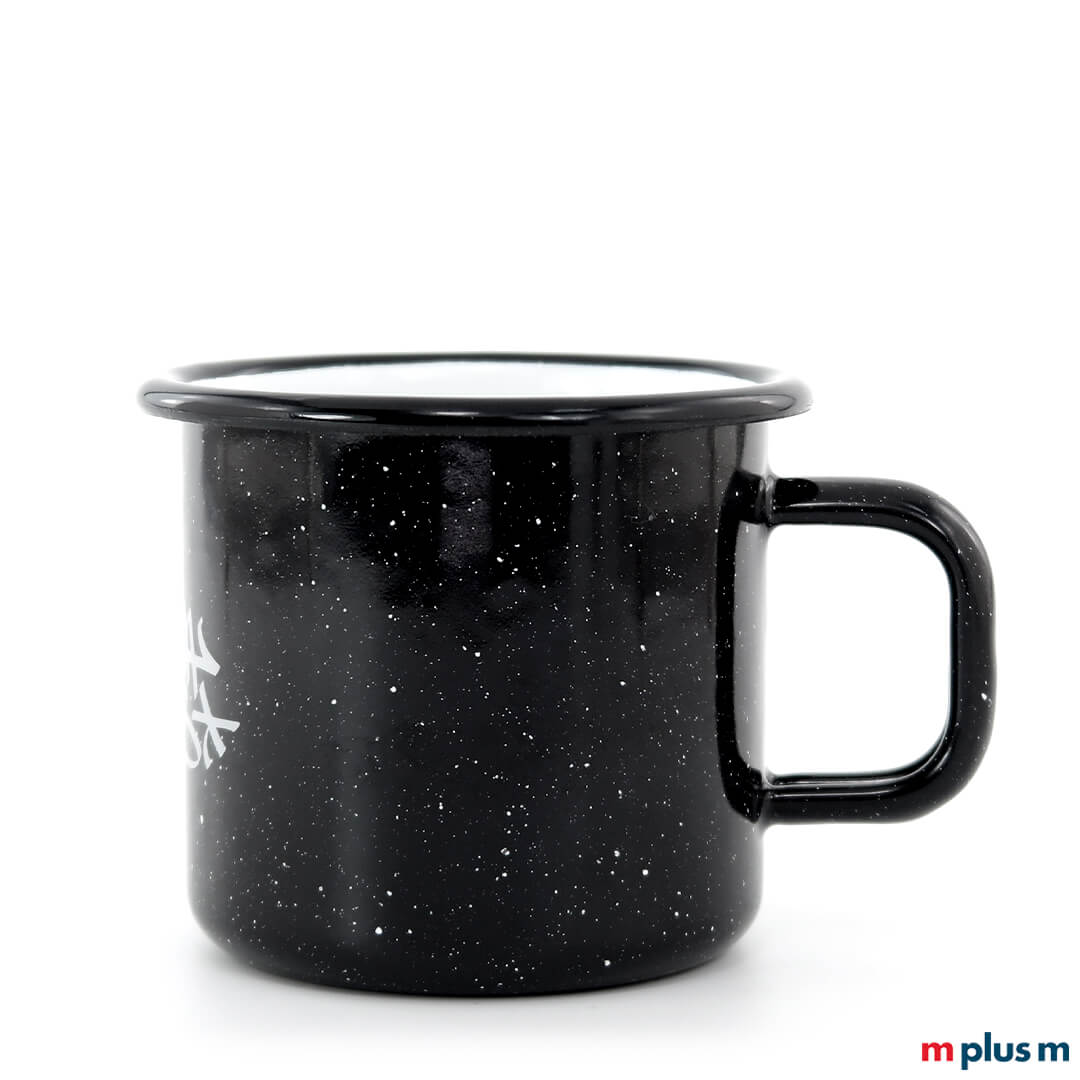 Schwarzer Emaille Becher Mars mit Motiv rundum bedruckt