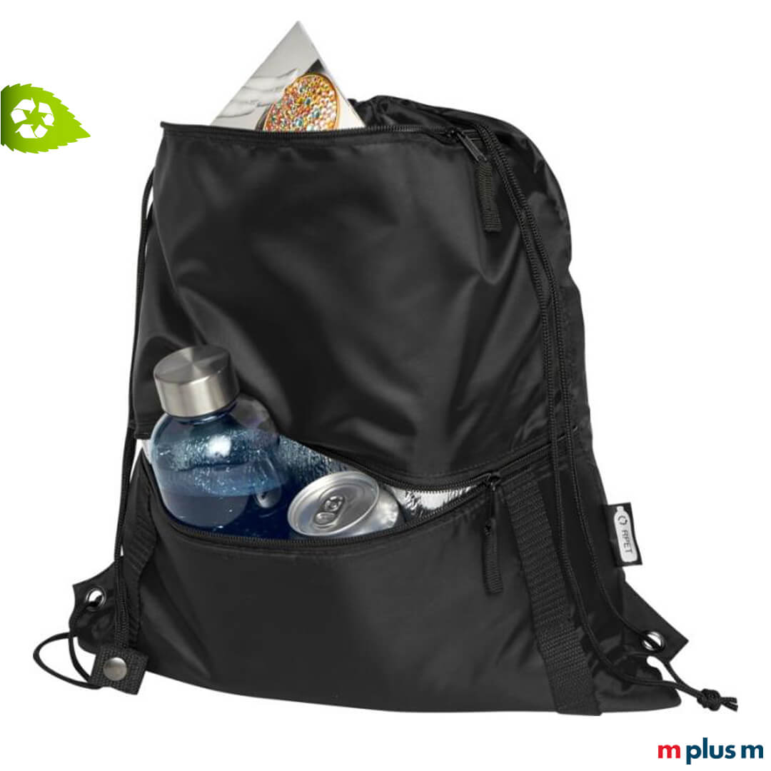 Schwarzer Beutel für Sportsachen mit 9L Fassungsvolumen als Geschenk mit eigenem Logo