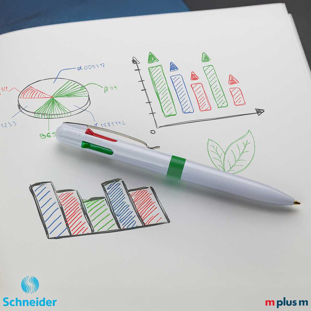 Schneider Take 4 Promo Kugelschreiber aus recyceltem Kunststoff mit dokumentenechter Tinte, nachhaltiger Werbestift modern mit Logo Druck personalisieren