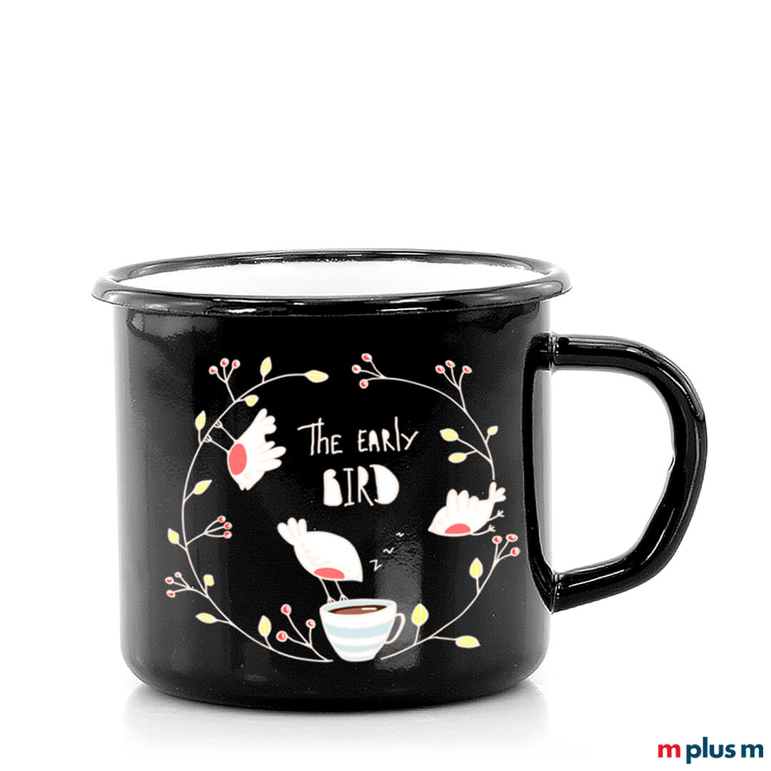 Schwarzer Emaille Becher aus Europa mit spülmaschinenfestem Rundumdruck