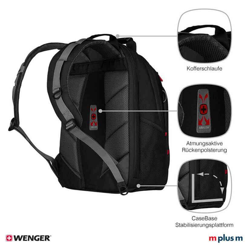 Schwarzer Wenger Legacy Rucksack mit Organizer und geräumigem Stauraum für Business Essentials, funktionaler Laptoprucksack hochwertig mit Logo bedrucken