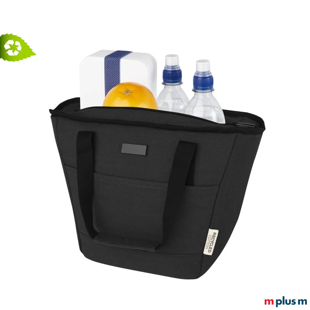 Viel Platz: Große Werbeartikel Kühltasche aus recycling Material in Farbe Schwarz