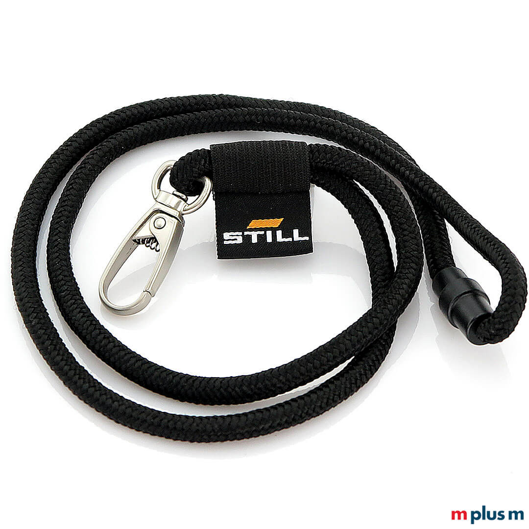 Schwarzes Kordel Lanyard mit textilem Logo Etikett