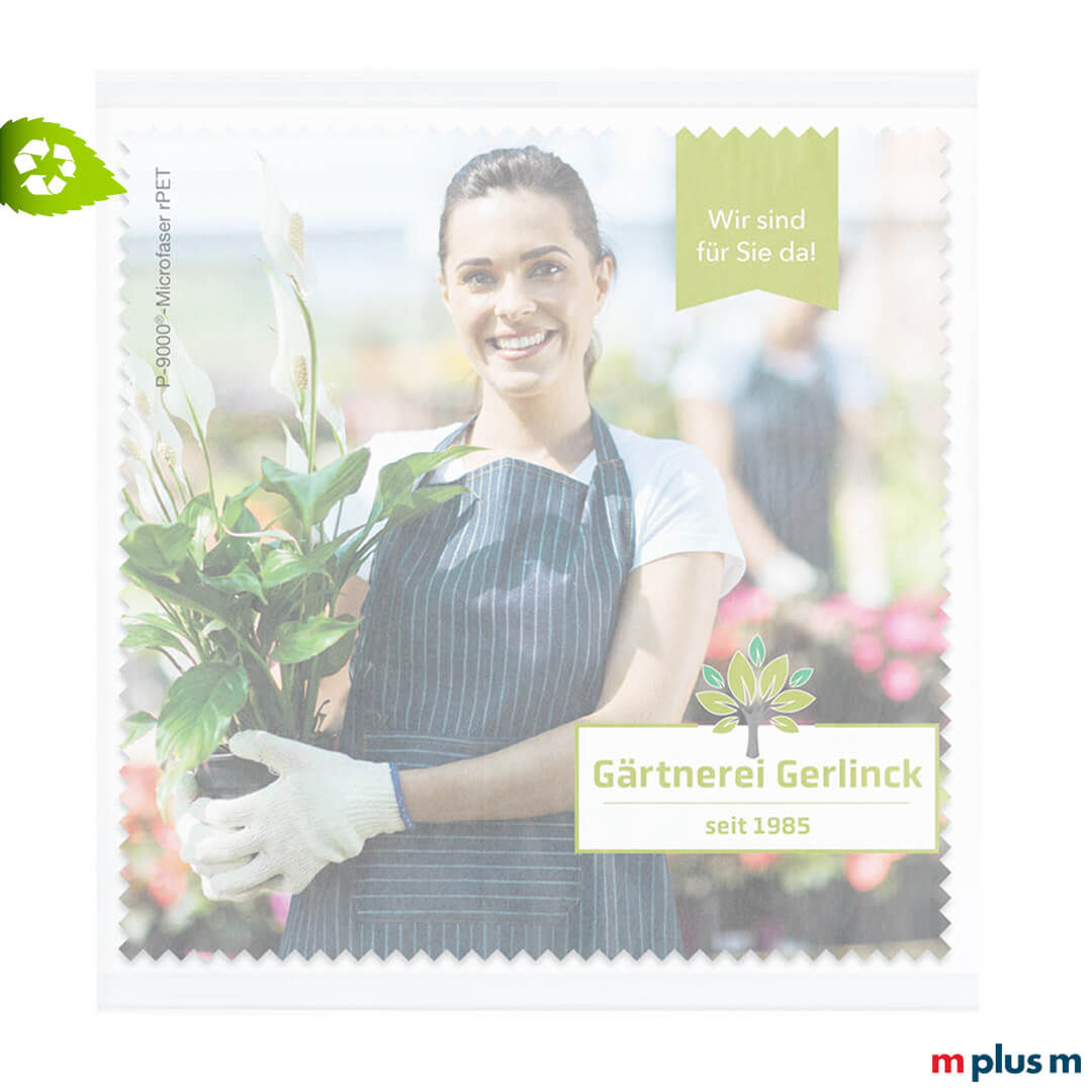 Recycling Microfaser Brillentuch in nachhaltiger Cellulose Verpackung und mit individuellem Motiv zu bedrucken