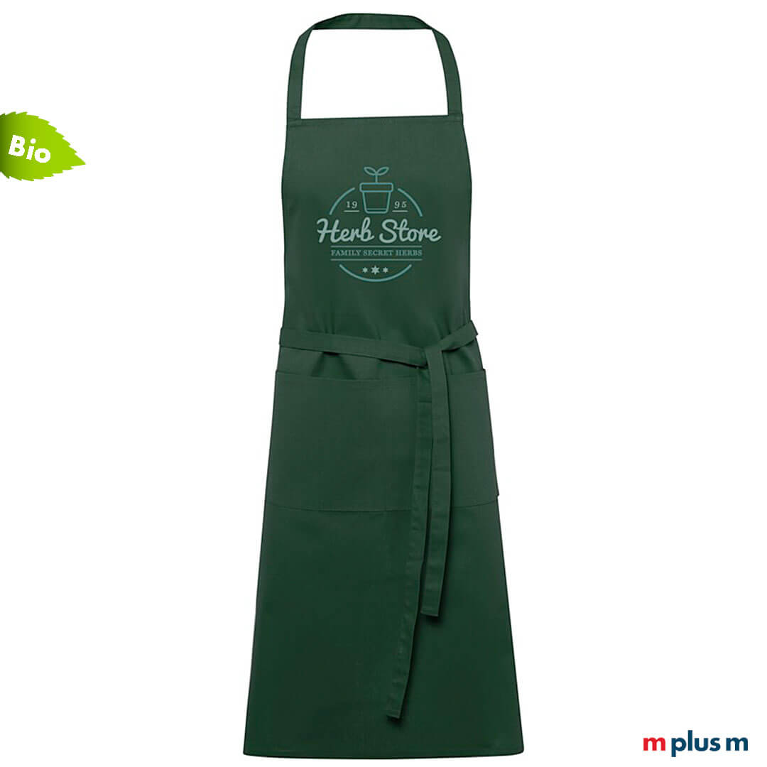 Gastro Latzschürze aus zertifizierter Bio Baumwolle in grün als Werbeartikel mit Logo bedrucken