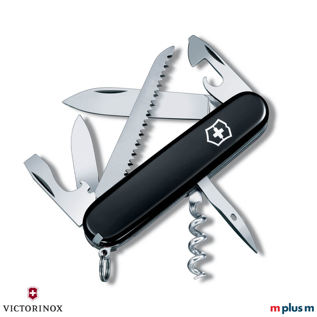 Nachhaltiger Werbeartikel: Schwarzes Victorinox Outdoor Messer Camper mit Logo Druck