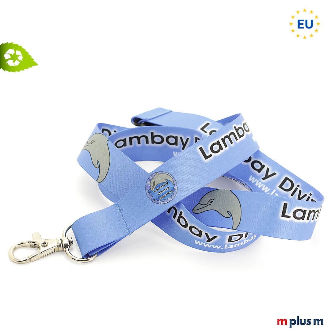 Kurzfristig lieferbar und aus rPET ♻️ Recycling Material. Schlüsselband in Wunschfarbe und komplett bedruckt als Giveaway.