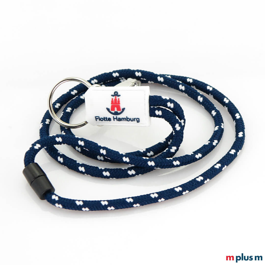 Kordel Lanyard als Werbeartikel in Blau Weis mit Logo auf Gummi Label