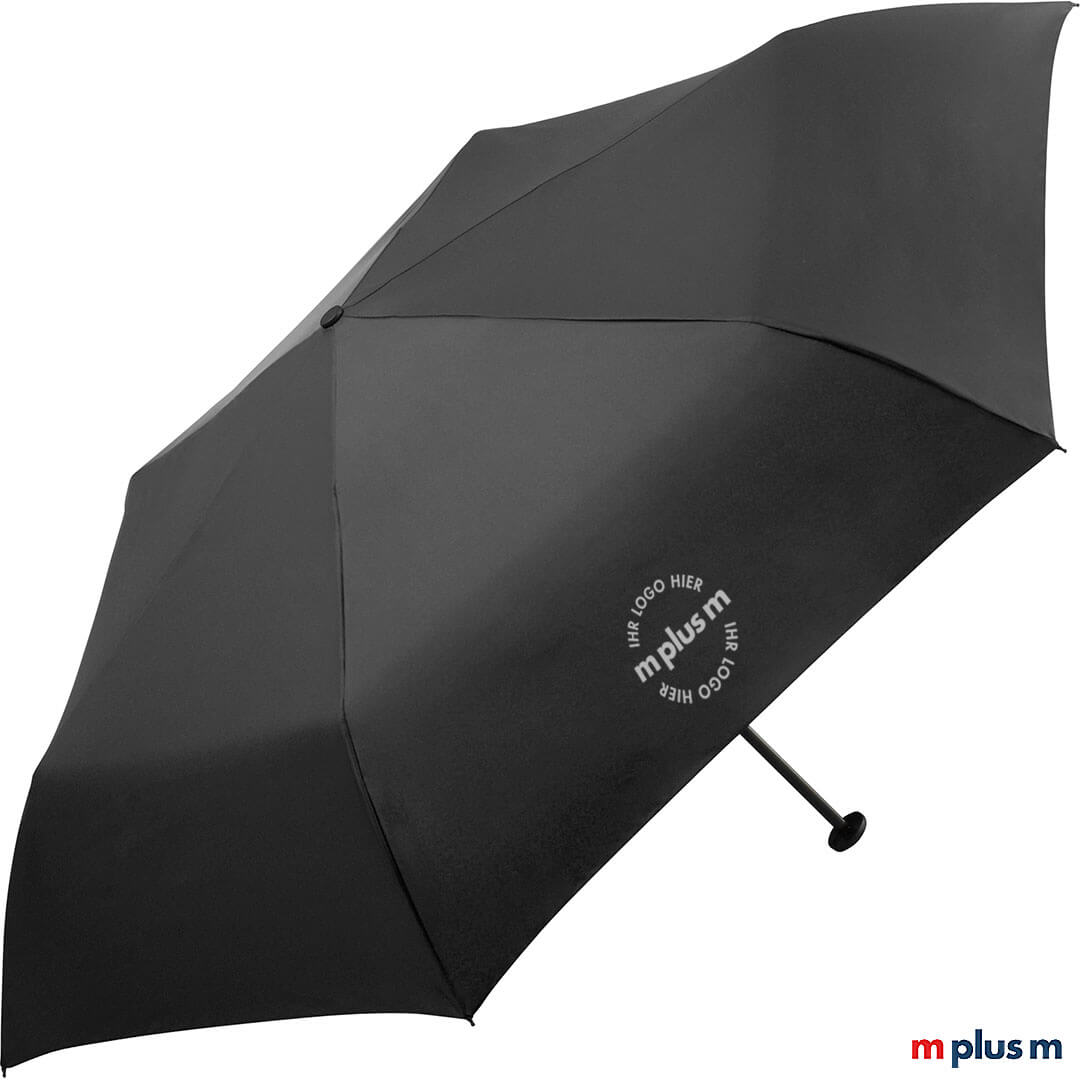 Schwarzer Däumling Taschenschirm mit Logo Druck als nachhaltiger Werbeartikel