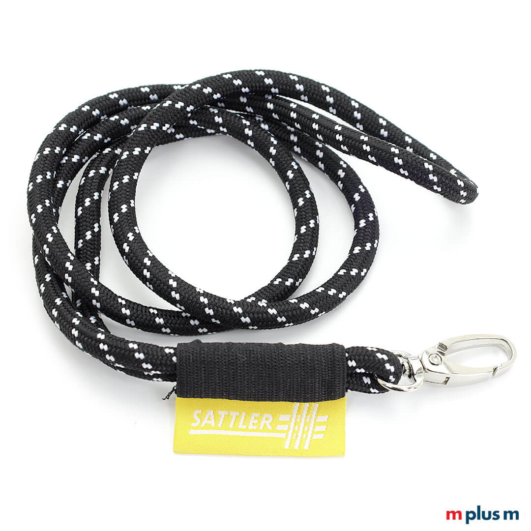 Schwarzes Kordel Lanyard mit gelben Akzenten und gelber Logo Einwebung als Werbeartikel