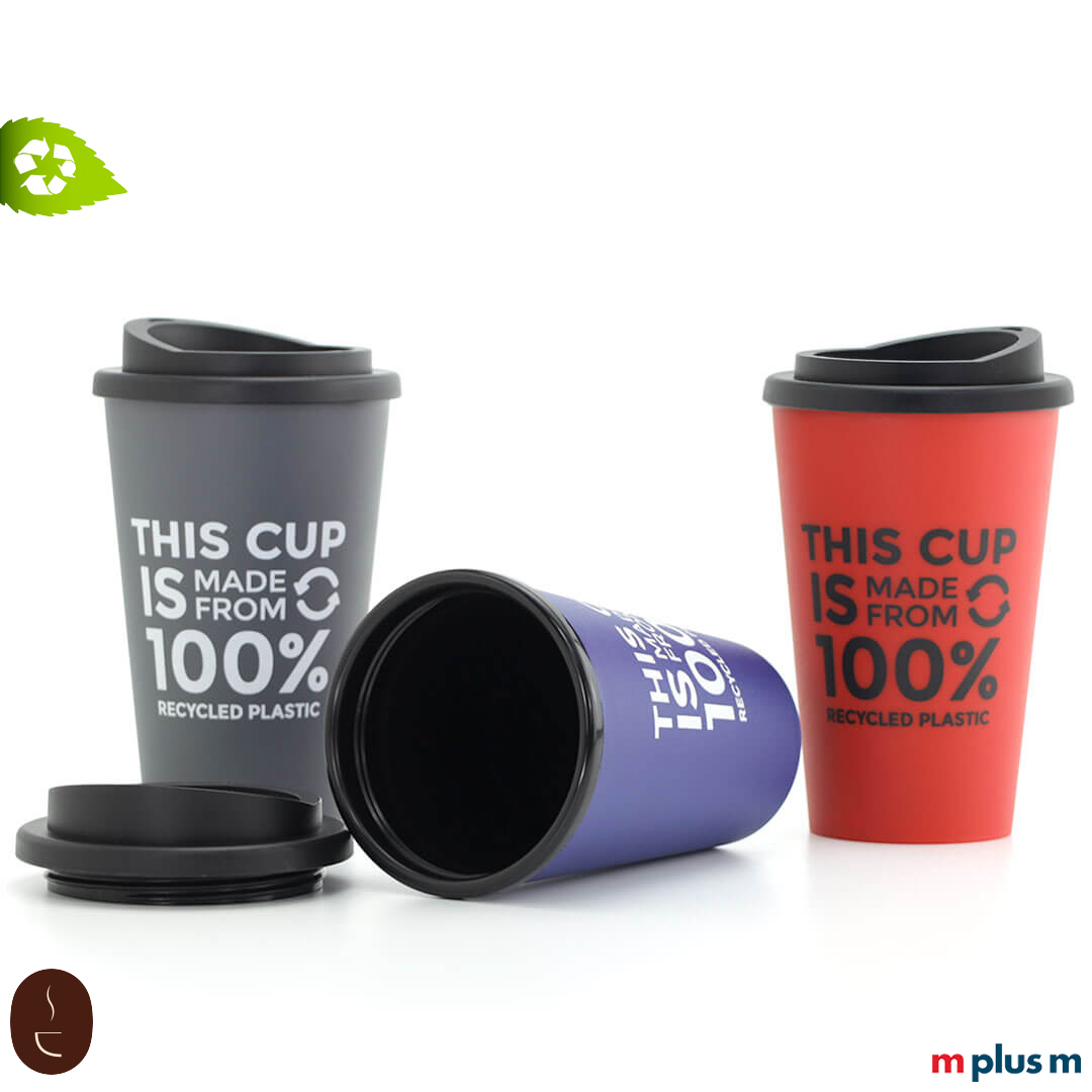 Schön, preiswert und nachhaltig: der Green Coffee Shop Thermobecher aus 100% Recycling Material, hergestellt in Europa
